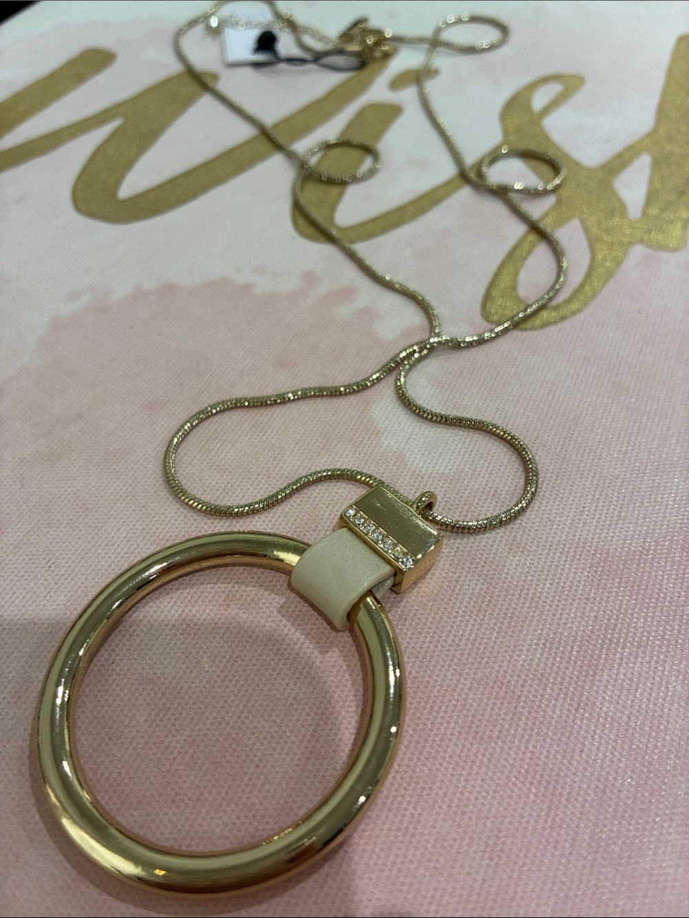 White House Black Market Gold Circle Pendant Necklace with Cream Accent
